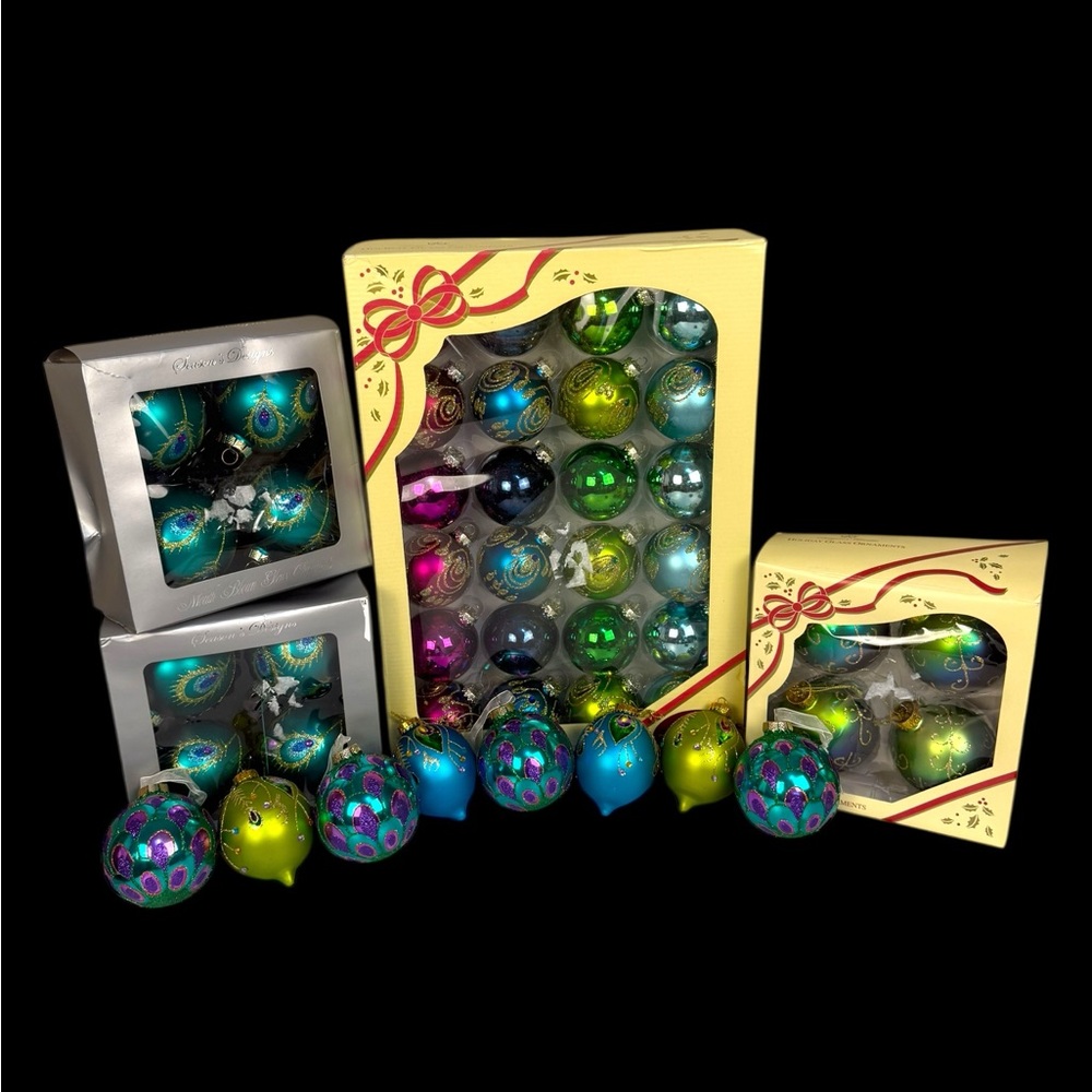 Peacock Christmas Ornaments Lot Of 44 Colorful Glitter Beaded Feather Designed